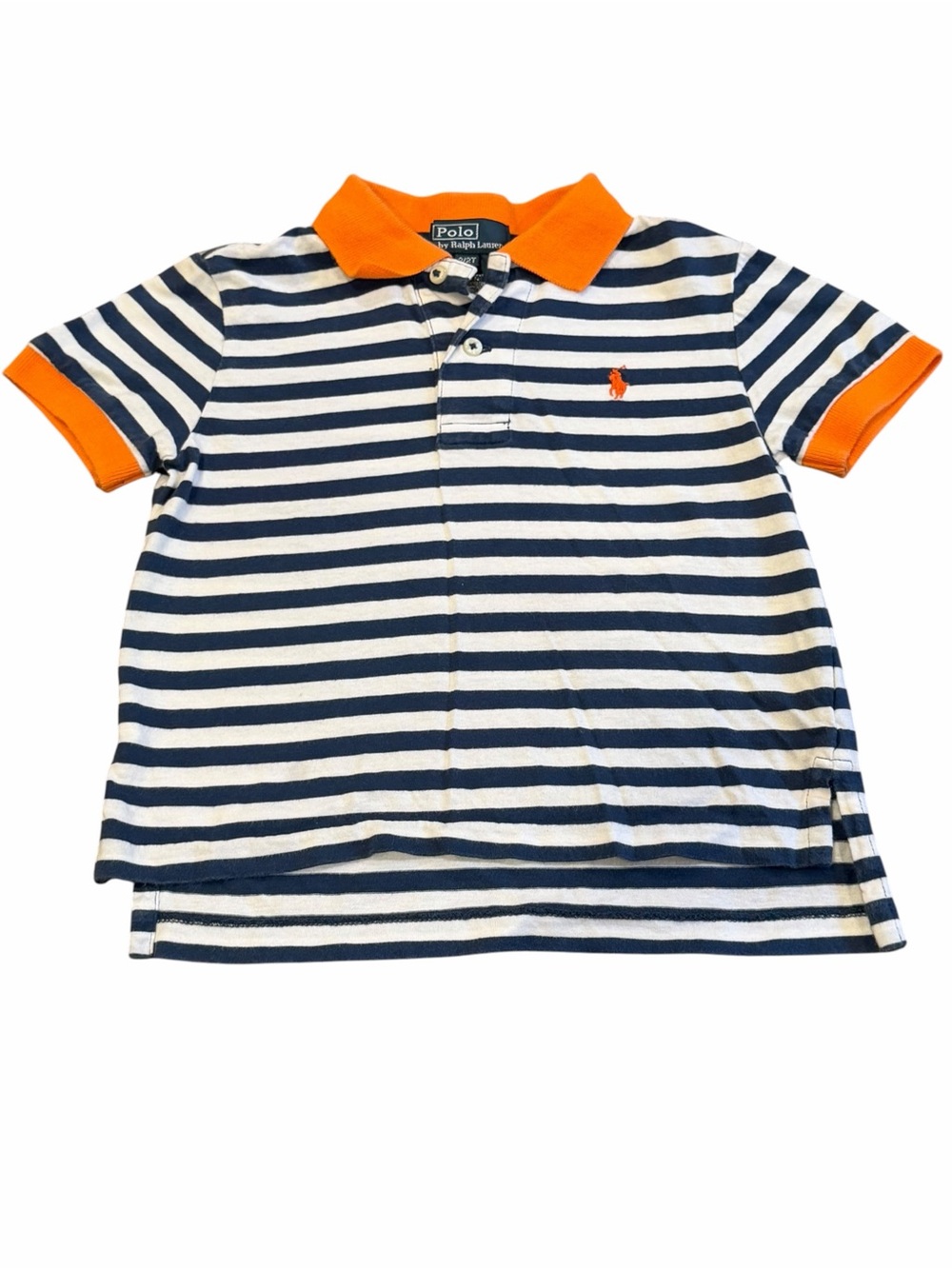 Polo by Ralph Lauren, Navy & White Striped Polo with Orange Trim, Size 2T